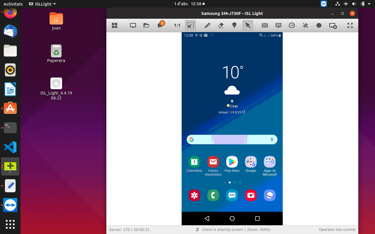Gestionant remotament un smartphone Android amb ISL Light des d'Ubuntu 19.10