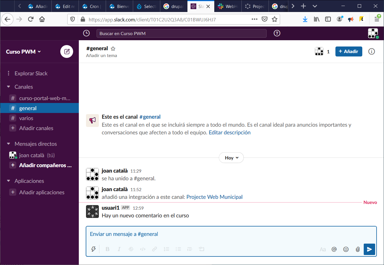 Integrant Drupal i Slack per a estar notificats d'events i canvis a la web