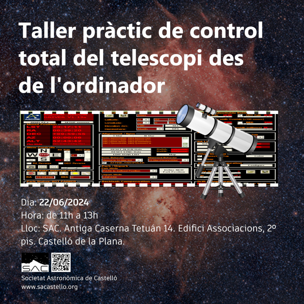 cartell del taller pràctic de control total del telescopi des de l'ordinador