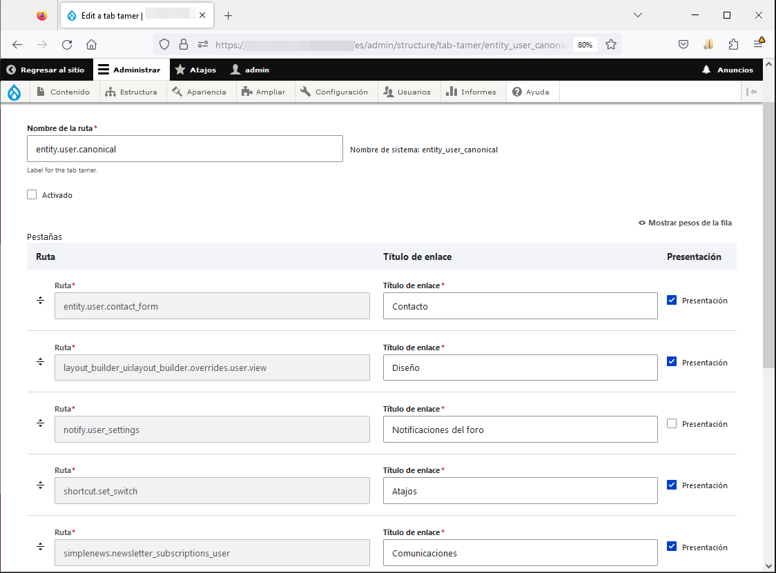 Tab Tammer ocultant pestanyes als perfils d'usuari Drupal