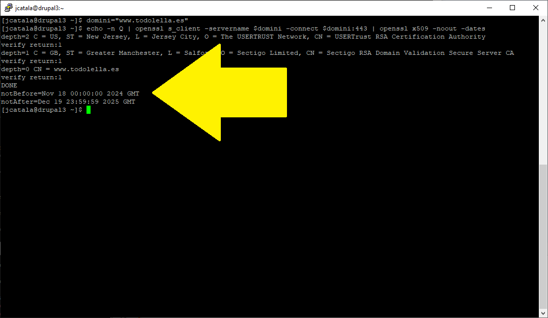 script BASH per a comprovar la data de caducitat i altres paràmetres d'un domini que li passem com a argument