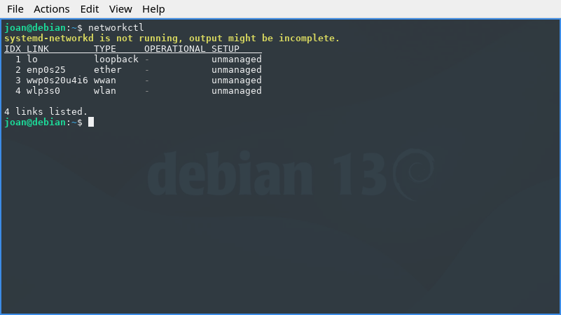 networkctl en Debian GNU/Linux 13 Trixie