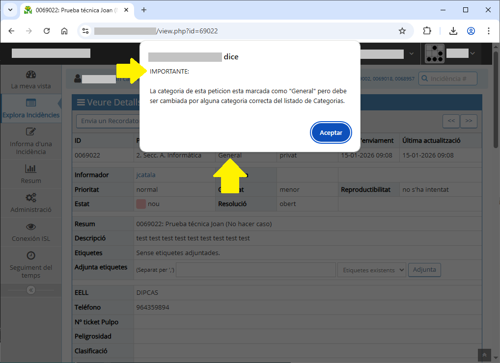 mostra un avís quan estem a la categoria General